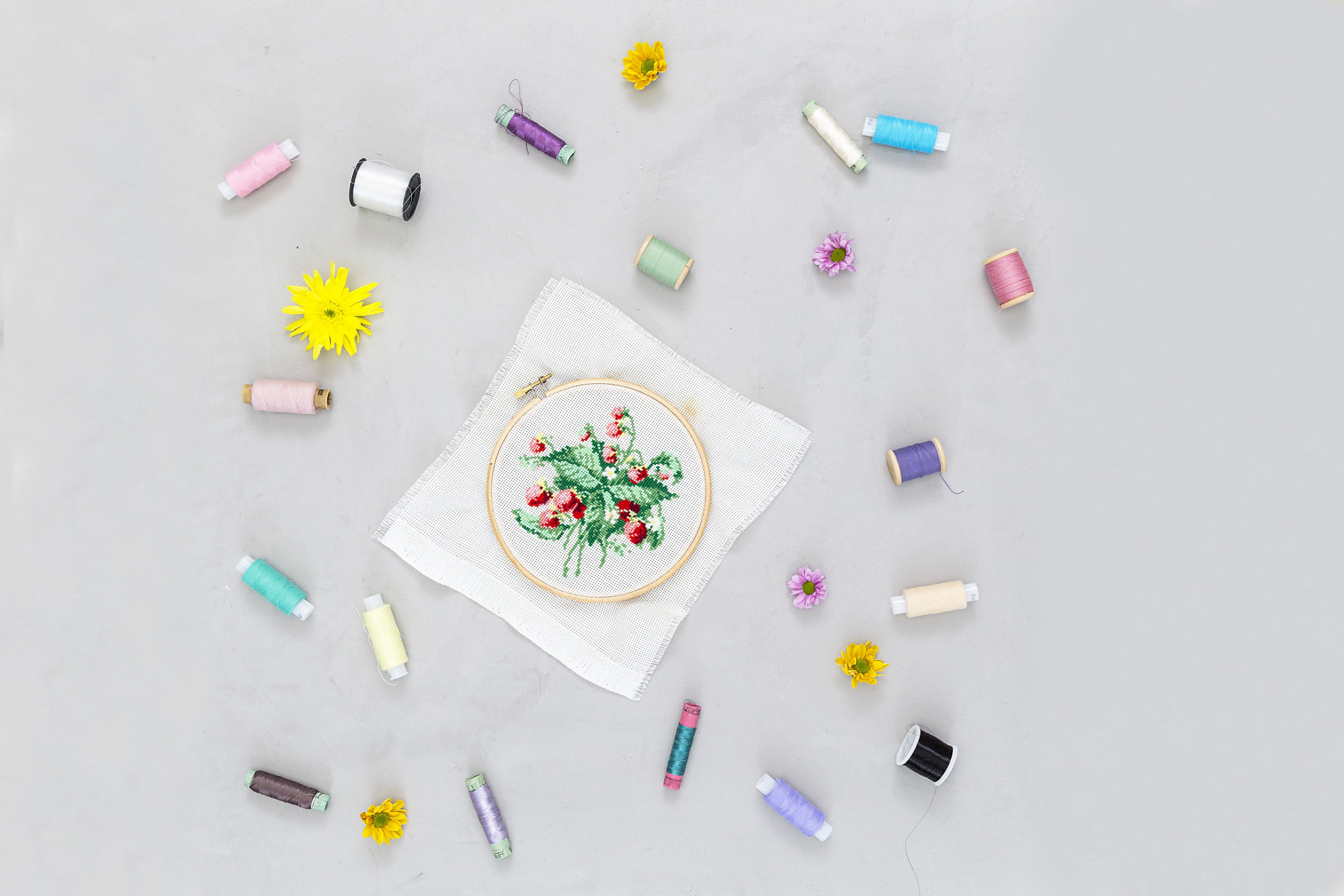 Embroidered patches arranged on table